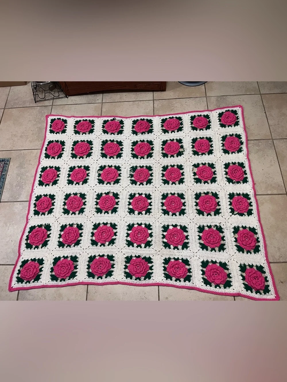 Handmade Crochet Rose Granny Square Throw Blanket Pink Floral Cottagecore 55x65